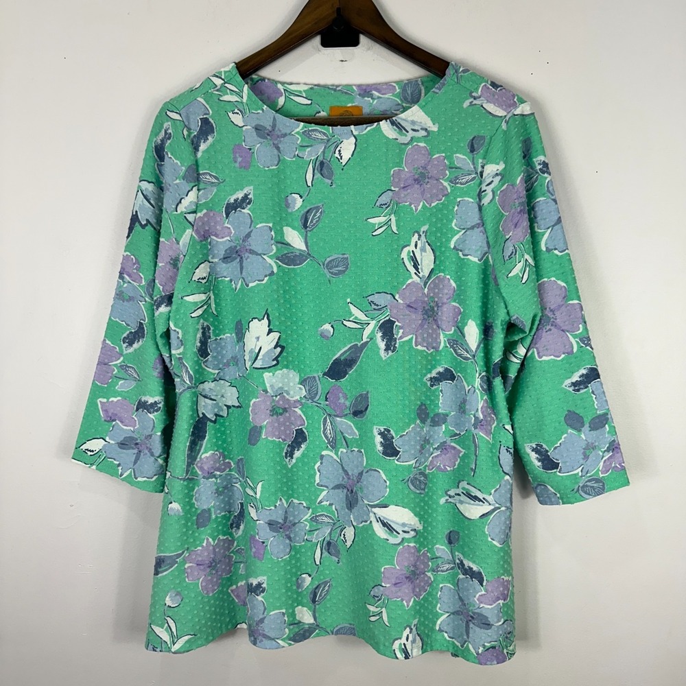 Ruby Rd Top Floral Top Womens Medium 3/4 Sleeve Textured Dot Fairy Cottage Boho